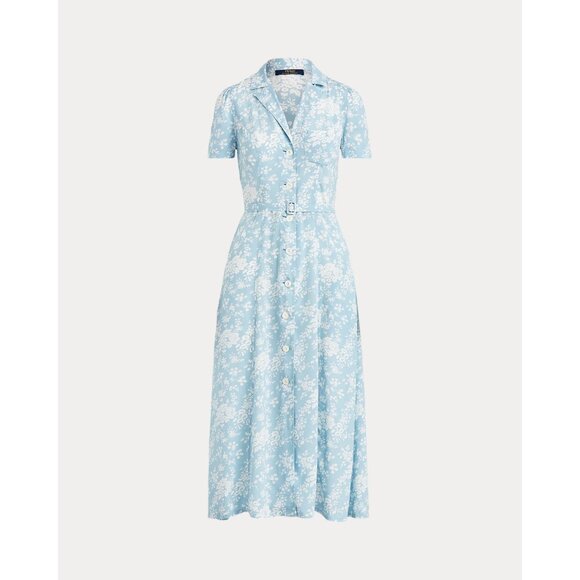 NWT Polo Ralph Lauren Floral Crepe Short-Sleeve Midi in Blue Shirt Dress 12 $268 - Picture 1 of 4